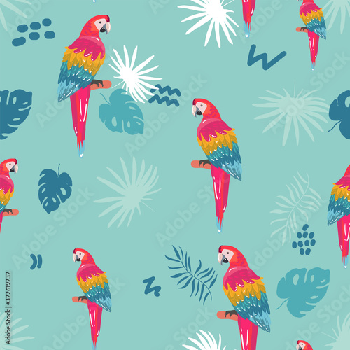 Seamless pattern with palm trees leaves and Blue Yellow and Red Blue Macaw parrots. Textile Wrapping paper background. repeating image. hand drawing