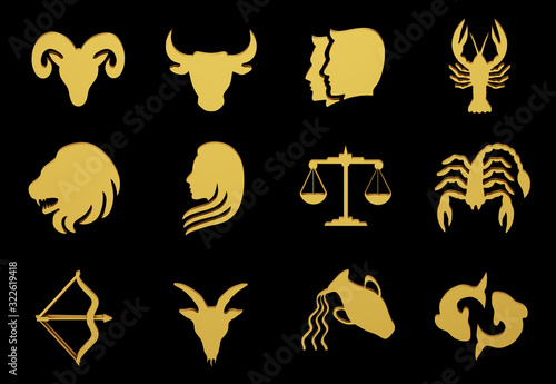3d render horoscope of 12 zodiac signs on a black white background