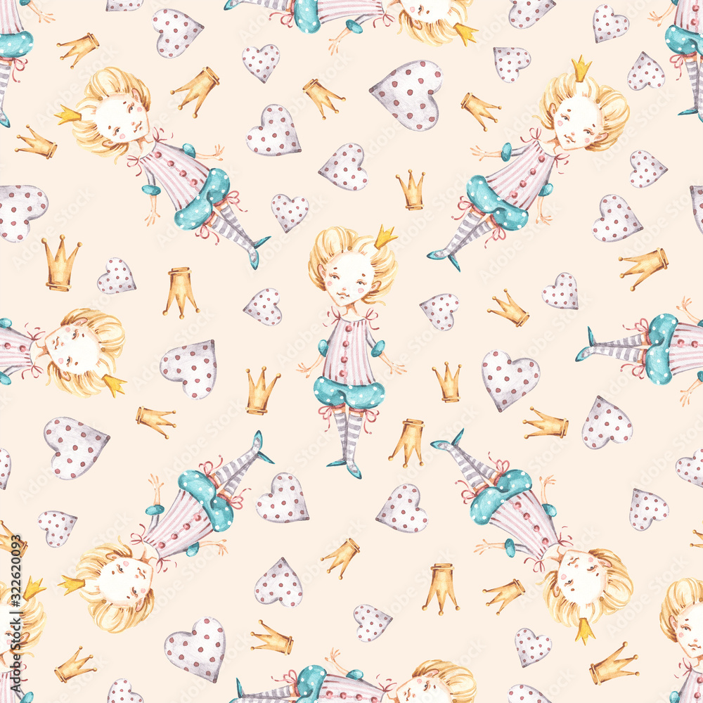 Watercolor cute nursery naive hand painted seamless pattern with princess hearts crown. Childish Handpainted print on beige background. Watercolour Art for kids fabric wallpaper baby shower invitation