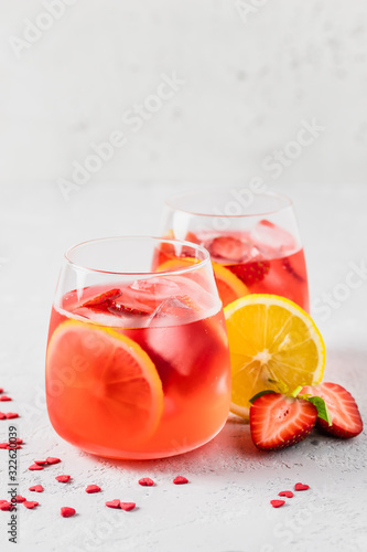 St Valentines day strawberry citrus mocktail. Selective focus, space for text.