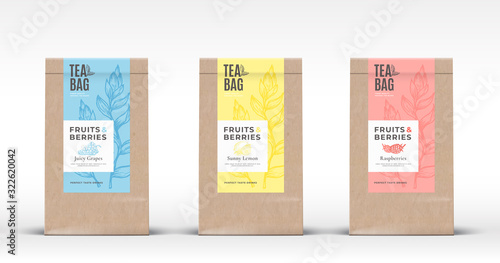 Craft Paper Bag with Fruit and Berries Tea Labels Set. Abstract Vector Packaging Design Layout with Realistic Shadows. Hand Drawn Raspberry, Lemon and Grapes Silhouettes Background.