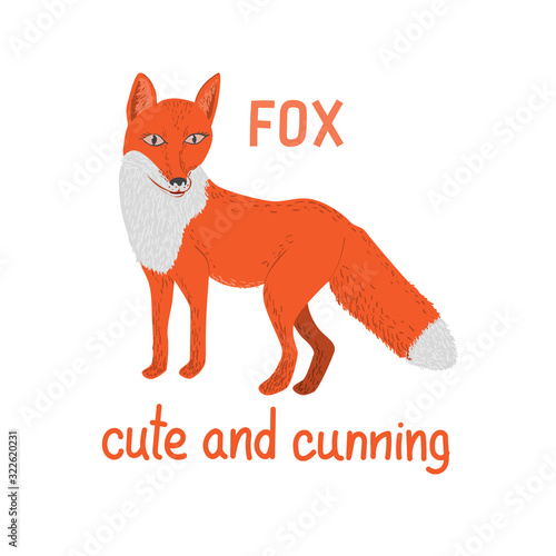 Cartoon Fox with text Cute and Cunning. Childish tee shirt design.