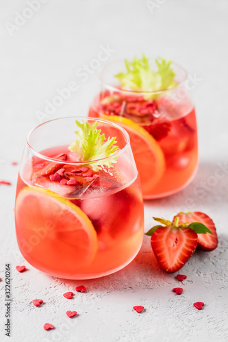 Sweet romantic St Valentines day strawberry lemon drink. Selective focus, space for text.