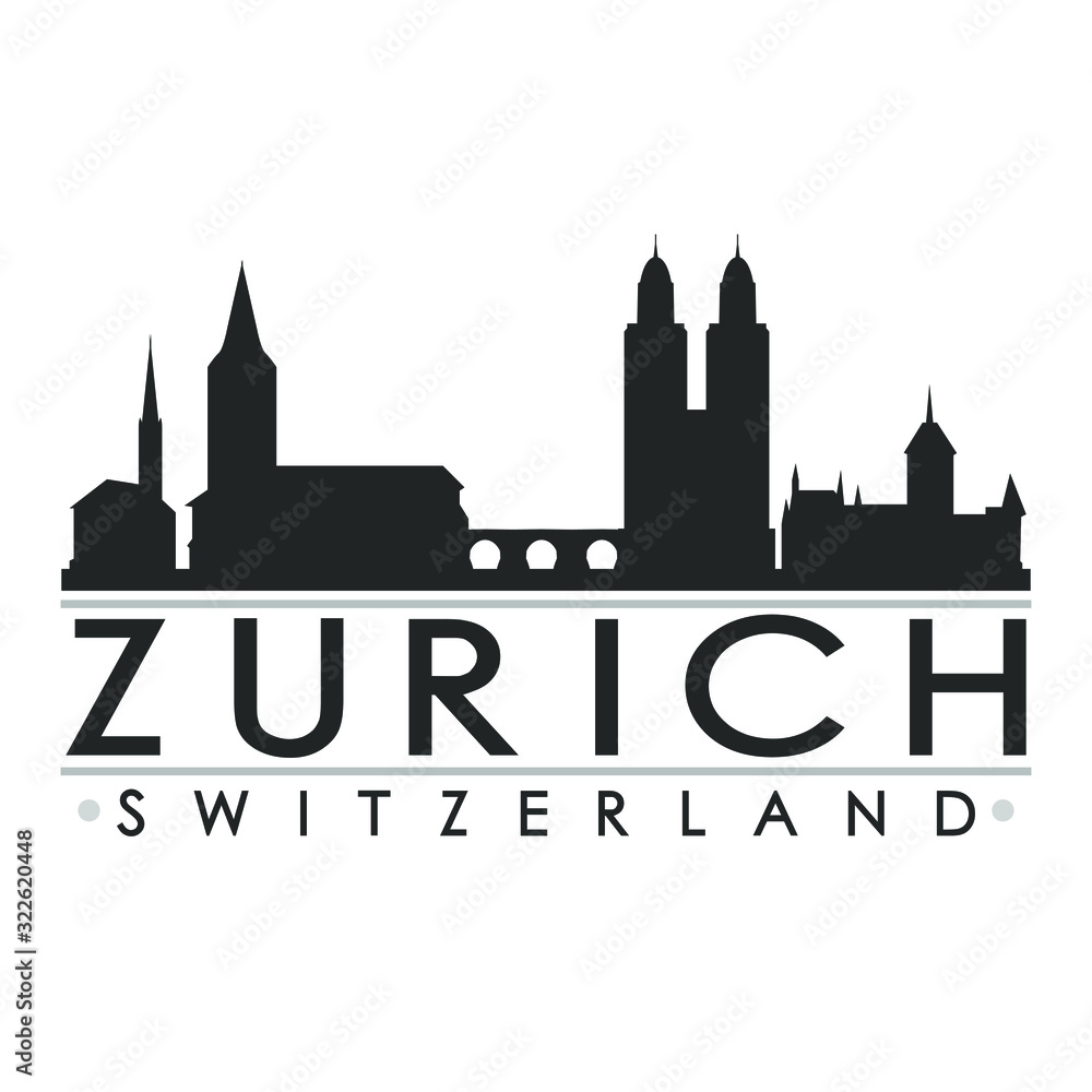 Zurich Switzerland Skyline. Silhouette Design City Vector Art Landmark.