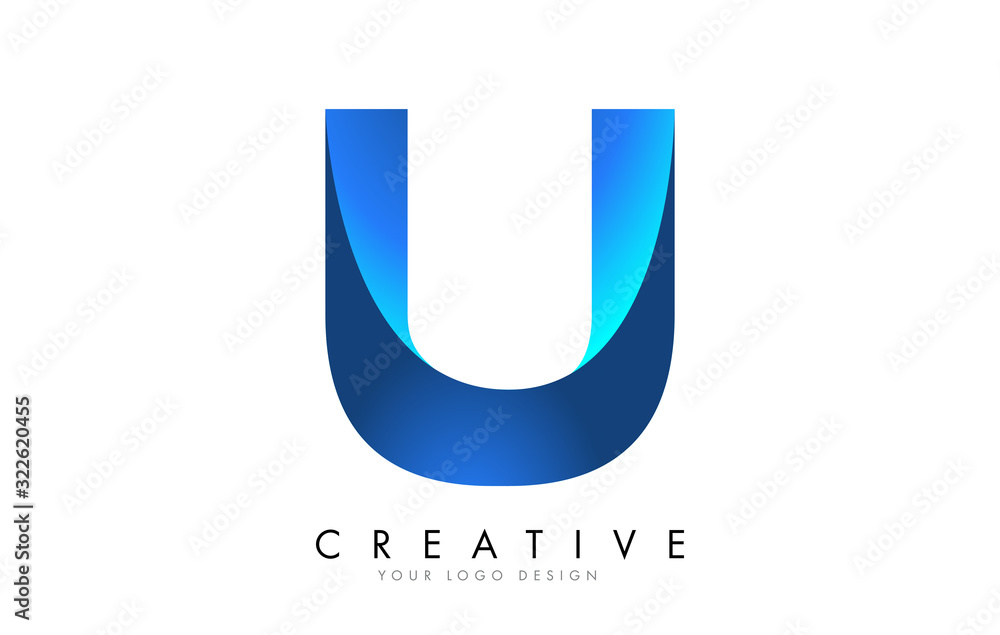 U Letter Logo Design with 3D and Ribbon Effect and Blue Gradient. Stock