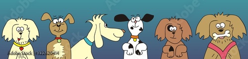 group of dogs, blue background, funny vector illustration