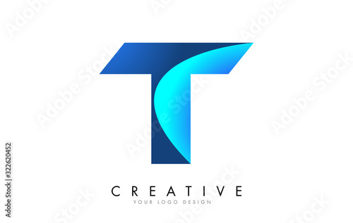 T Letter Logo Design with 3D and Ribbon Effect and Blue Gradient.