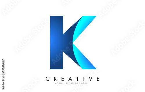 K Letter Logo Design with 3D and Ribbon Effect and Blue Gradient.