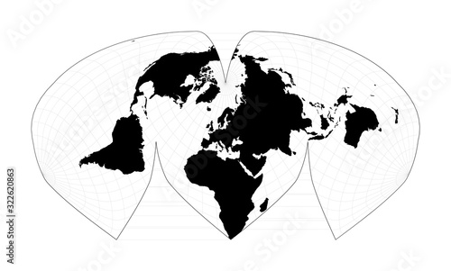 Black world map on white background. Alan K. Philbrick's interrupted sinu-Mollweide projection. Plain world geographical map with graticule lines. Vector illustration.