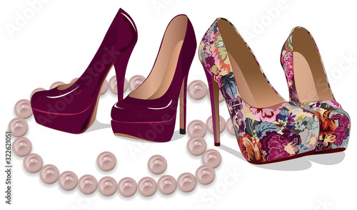Pair of elegсant high heeled shoes and pearl beads isolated