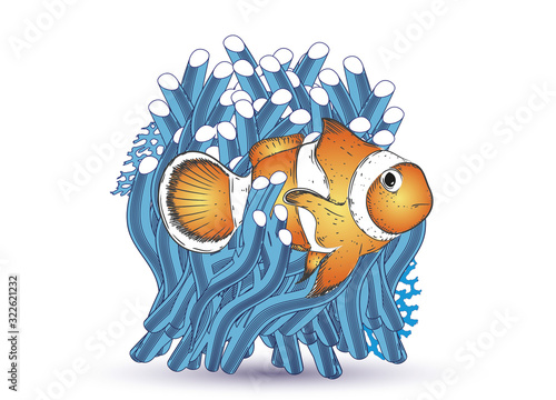 gezeichneter Clownfisch und blaue Seeanemone