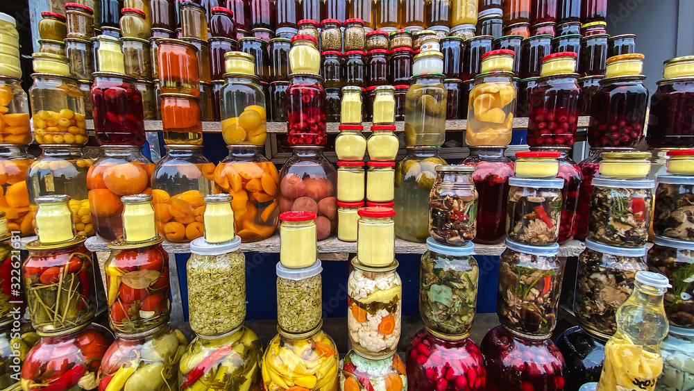 Glass jars with  vegetables and fruits in Tbilisi