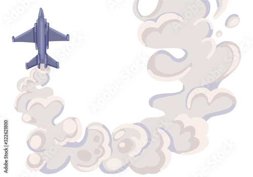 Military fighter jet with grey trail smoke. Air show. Vector illustration