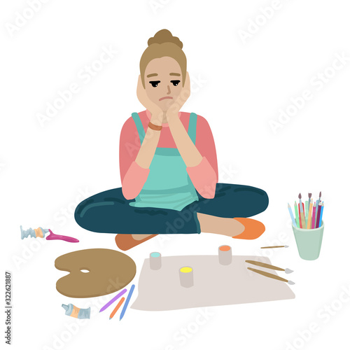 Woman artist sitting and holding her head. Equipment for drawing around. Vector illustration