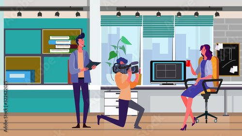 Cameraman filming woman with cup at office workplace. Director, crew, shooting flat vector illustration. Reportage, footage, video commercial concept for banner, website design or landing web page