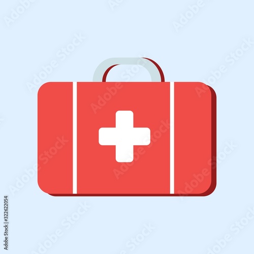 First aid kit bag of the attending physician in flat style isolated on blue background. Vector stock illustration. Ambulance.