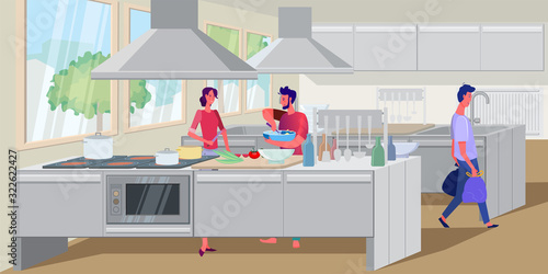 People cooking in commercial kitchen. Student, hostel, restaurant flat vector illustration. Food, meal, eating concept for banner, website design or landing web page