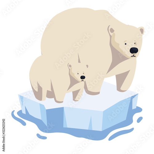 polar bear with cub at the winter landscape, mother and child