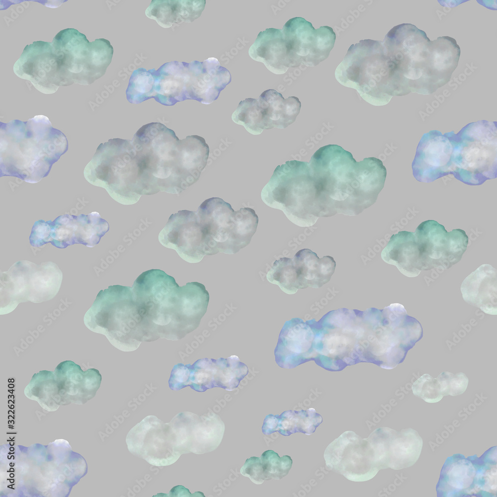 Handrawn clouds seamless pattern. White and blue clouds pattern on grey.