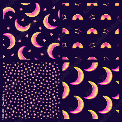 Naklejka Set of 4 astronomy seamless patterns with crescent moons, stars, rainbows. Cute outer space digital vector wallpapers. 