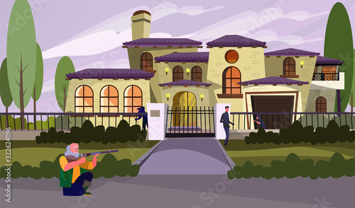 Criminals robbing house. Senior man aiming a gun to robbers flat vector illustration. Housebreaking, security, protection concept for banner, website design or landing web page