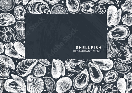 Vector seafood menu design. Hand drawn fish, shellfish, shrimps, mollusks sketches with herbs, spices,  lemon. Fish market products, seafood restaurant or shop menu. Cooked shellfish top view.