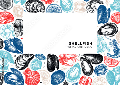 Vector seafood menu design. Hand drawn fish, shellfish, shrimps, mollusks sketches with herbs, spices,  lemon. Fish market products, seafood restaurant or shop menu. Cooked shellfish top view.