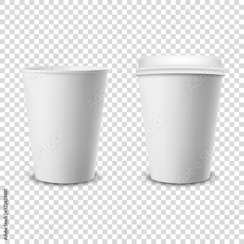 Vector 3d Realistic Disposable Opened and Closed with Lid Paper, Plastic Coffee Cup for Drinks Icon Set Closeup Isolated on Transparent Background. Design Template, Mockup. Top and Front View