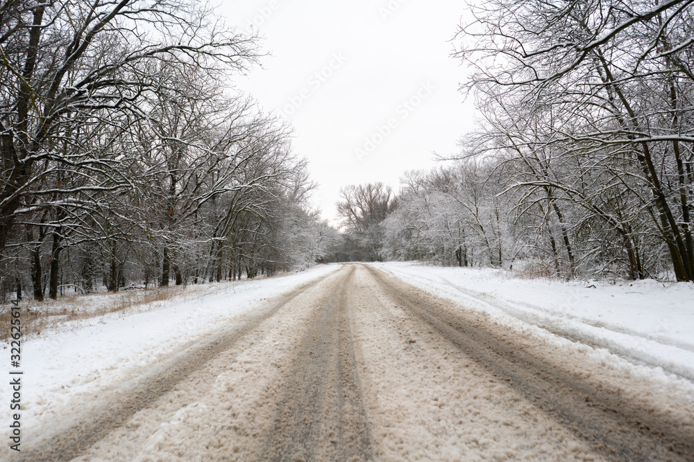 the snowy highway road going through the  forest and trees, winter season