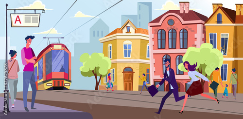 People running to tram stop. Passengers, tramway, street flat vector illustration. Transportation, commuting, traffic concept for banner, website design or landing web page