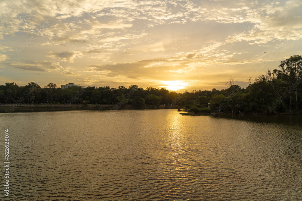Sunset over lake in Bangalore city