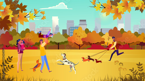 People walking dogs in autumn park. Family, children, city flat vector illustration. Pet, activity, lifestyle concept for banner, website design or landing web page