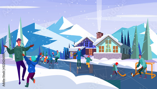 People enjoying winter activities. Parents, kids skating on ice, playing hockey flat vector illustration. Leisure outdoors, family, vacation concept for banner, website design or landing web page