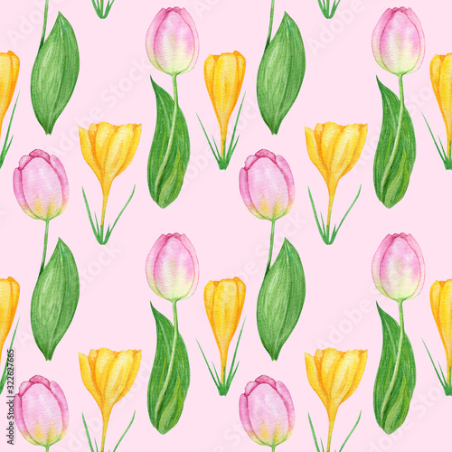Seamless pattern with crocus and tulip spring easter flowers with green leafs. Hand painted Fabric texture with tulips Watercolor illustration on pink background. Spring simbols