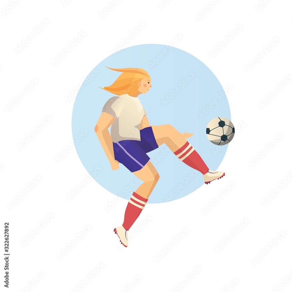 Female soccer player in sports uniform kicks the ball. Vector flat illustration on a white background.