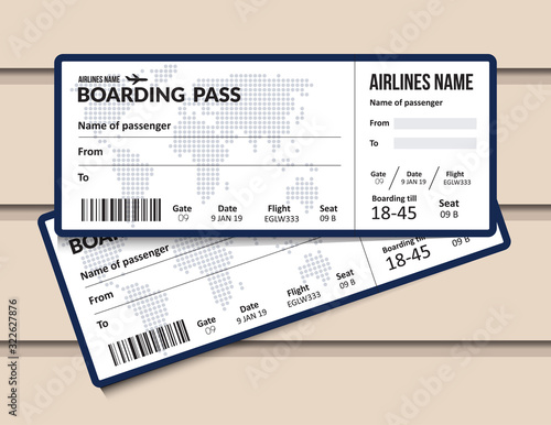 Plane ticket. Airline boarding pass template. Airport and plane pass document. Vector illustration.