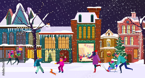 People celebrating Christmas. Families with kids sledging, playing snowballs, gifts flat vector illustration. Outdoor activity, winter, New Year concept for banner, website design or landing web page