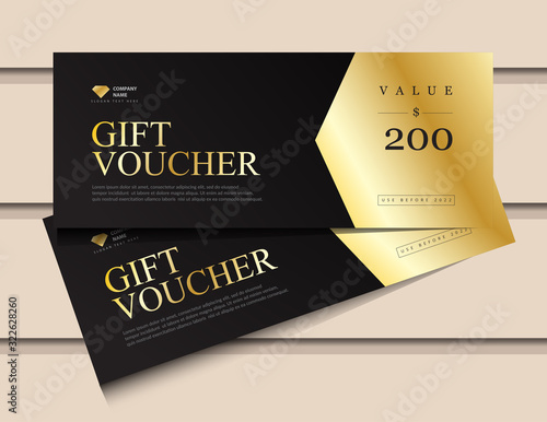 Gift voucher template with glitter gold luxury elements. Vector illustration. Design for invitation, certificate, gift coupon, ticket, voucher.