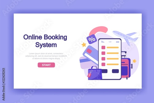 Vector illustration buying tickets online on travel. Online booking system with payment card, luggage, airplane. Flat style for web banners, landing pages, presentations, posters,