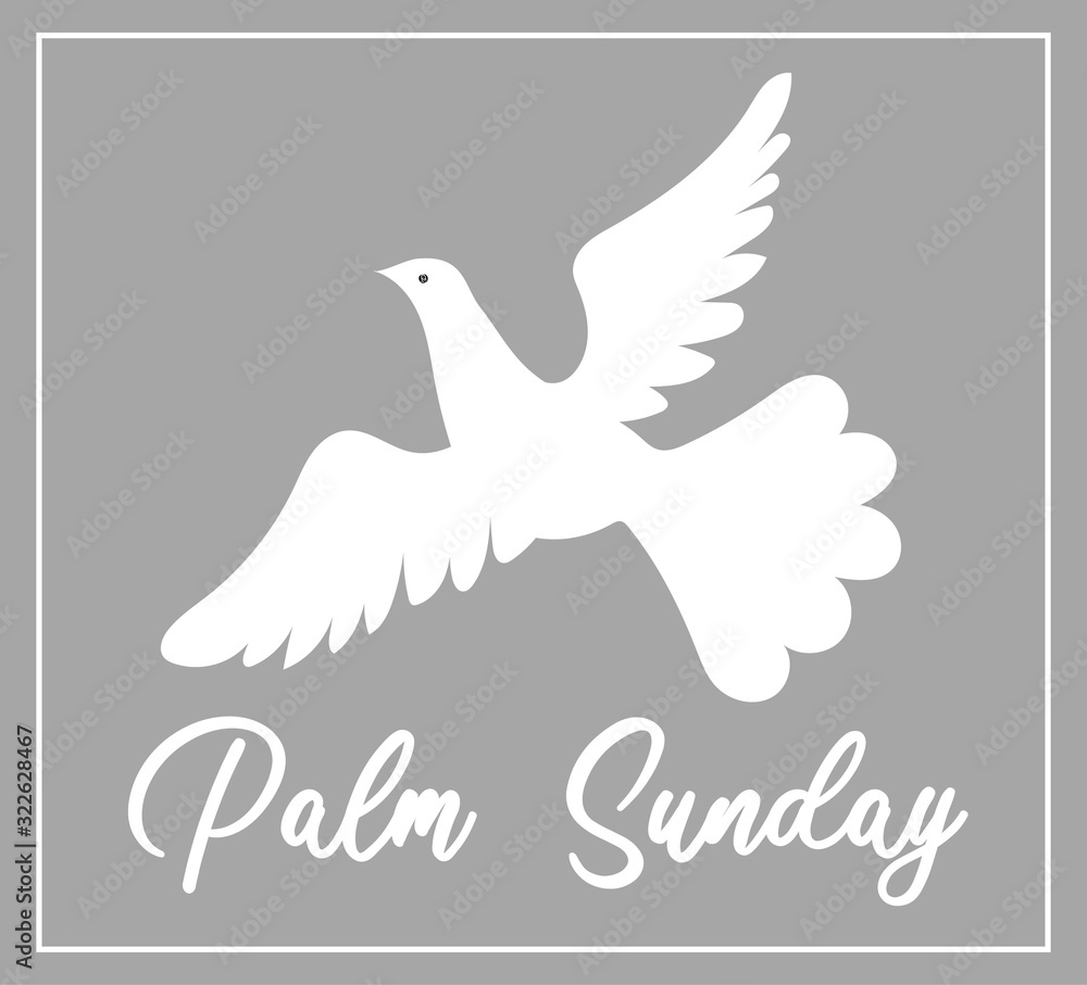 Obraz premium Palm Sunday. The week before Easter. banner or card. White dove with palm leaf.