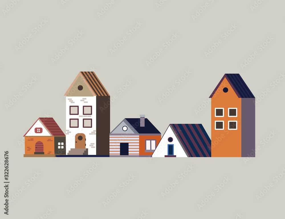 Fototapeta premium Set on european houses on a white background. Flat cartoon vector illustration on white background.