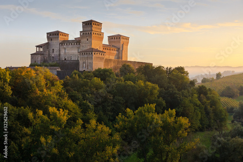 Afternoon light on Torrechiara Castle, Emilia-Romagna, Italy photo