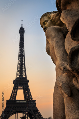 Sculpture from Jardins du Trocadero with the Eiffel Tower in the background, Paris, France