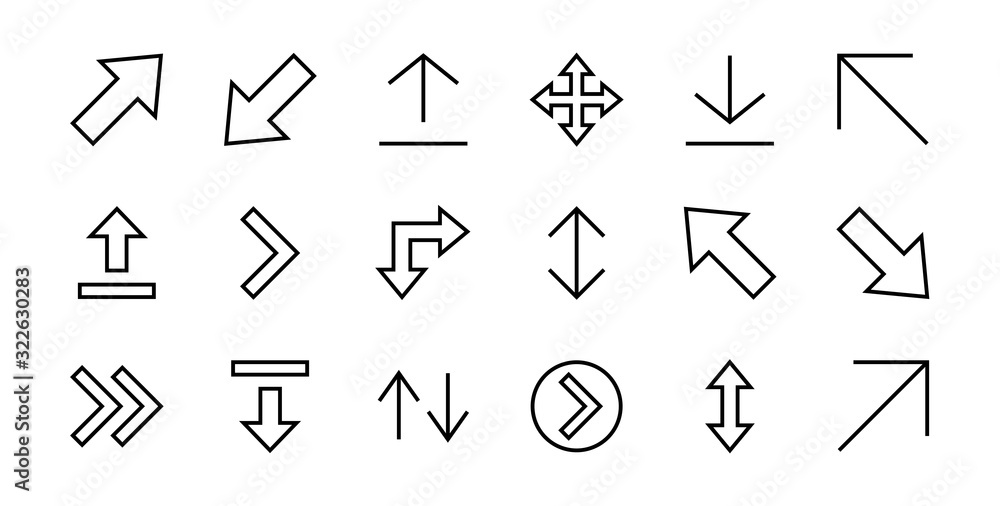 Set of line arrows, directions, arrows, contains icons such as pause, continuation, directly, to the right, Editable stroke. 480x480, On a white background, Vector illustration Set of line arrows, directions, arrows, contains icons such as pause, continuation, directly, to the right, Editable stroke. 480x480, On a white background, Vector illustration