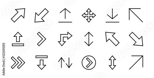 Set of line arrows, directions, arrows, contains icons such as pause, continuation, directly, to the right, Editable stroke. 480x480, On a white background, Vector illustration