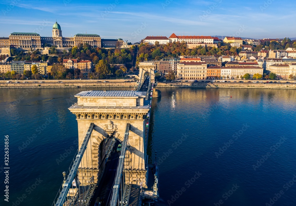 Budapest, Hungary Chain Bridge panorama by drone