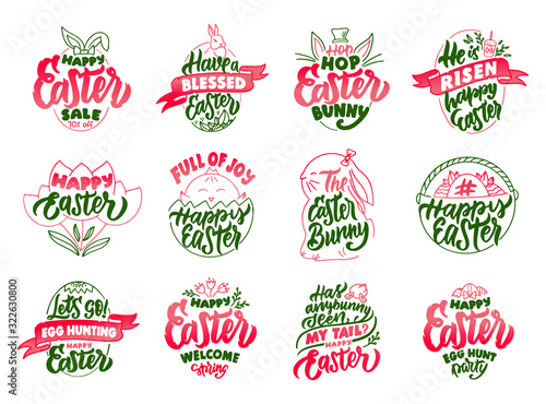 Set of vintage Happy Easter emblems and stamps. Green badges, stickers on white background