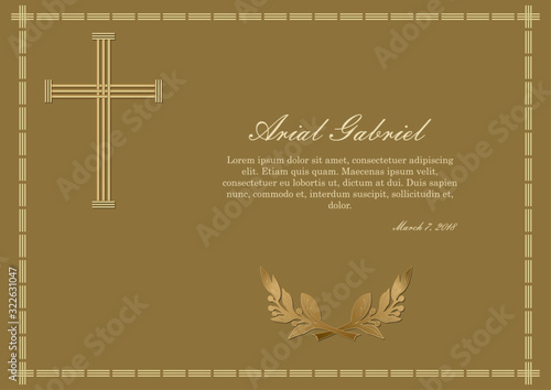 Luxurios obituary with golden elements on dark golden background, simply gold cross and laurel branche. Vector design