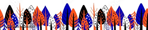 Seamless border with trees. Picture tree. Design of packing tape or print on fabric. Bright Scandinavian style. Blue and orange tseta on a white background.. photo