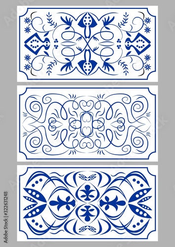 Set of three blue azulejo ceramics tiles, dark blue drawing on white background, traditional ceramics of Portugal or Spain, vector design